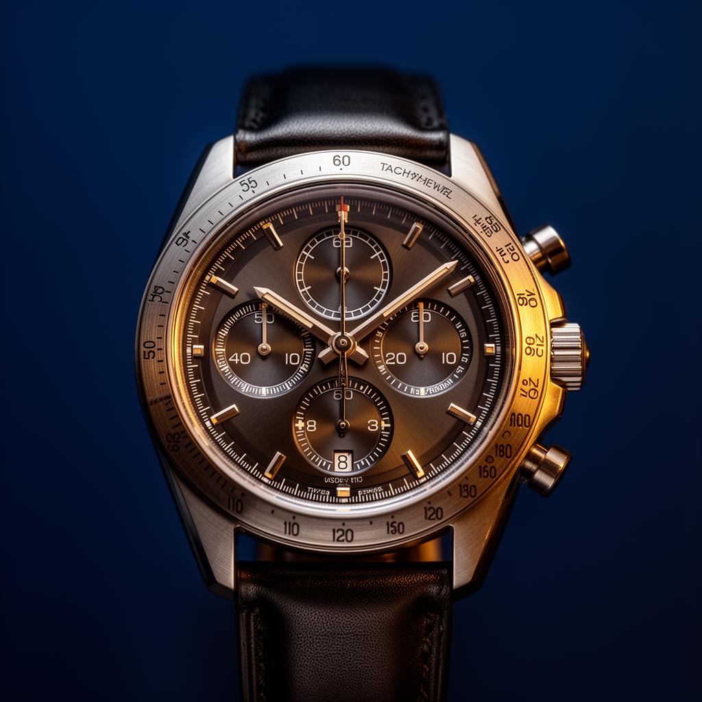 Sfeerbeeld van een chronograaf-horloge met drie subdials op een leren band